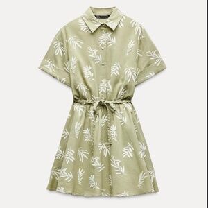ZARA Olive Embroidered Mini Shirt Dress